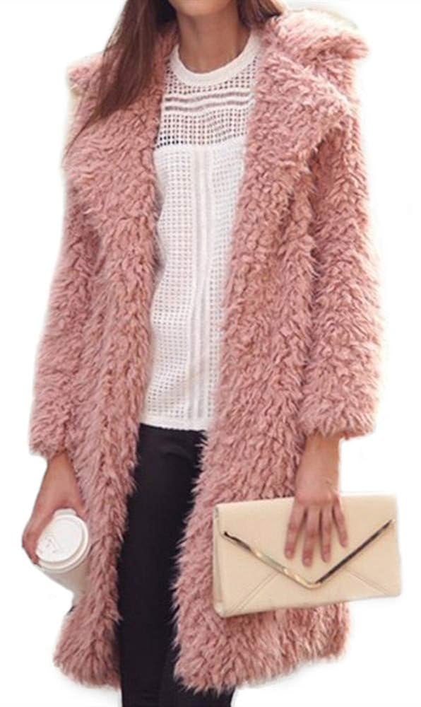 Women's Casual Shaggy Long Faux Fur Coat Jacket Outwear (Pink