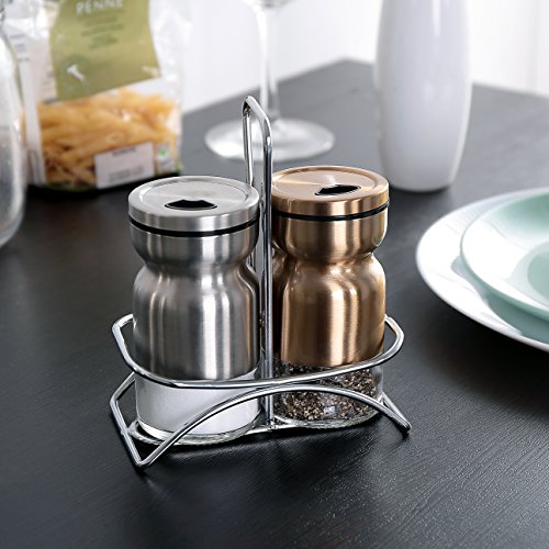 Salt and Pepper Shakers with Stand,GONGSHI Spice Shakers,Brushed Stainless Steel Encasing with Adjustable Pour Holes,Set of 2 (Silver and Gold)