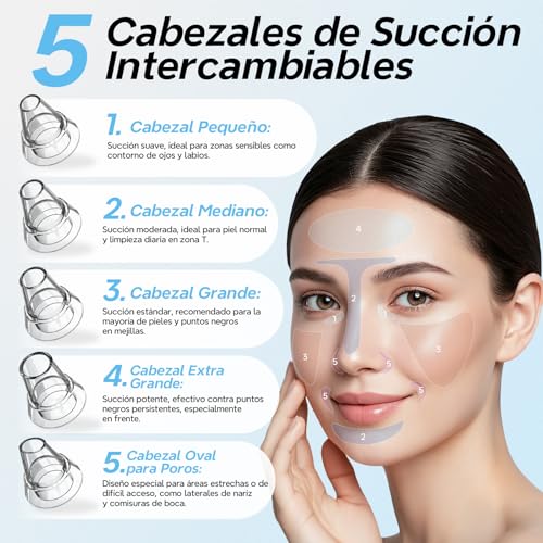 Succionador de Puntos Negros Extractor Limpiador de Poros Limpiador Puntos Negros con Calor - 3 Modos 5 Boquillas Eléctrico Quitar Puntos Negros Nariz Aceites y Espinillas Facial Hogar | Limpieza Facial y Nasal Kit de Espinillas para Eliminar Comedones y Acné Graso,Blackhead remover pore vacuum
