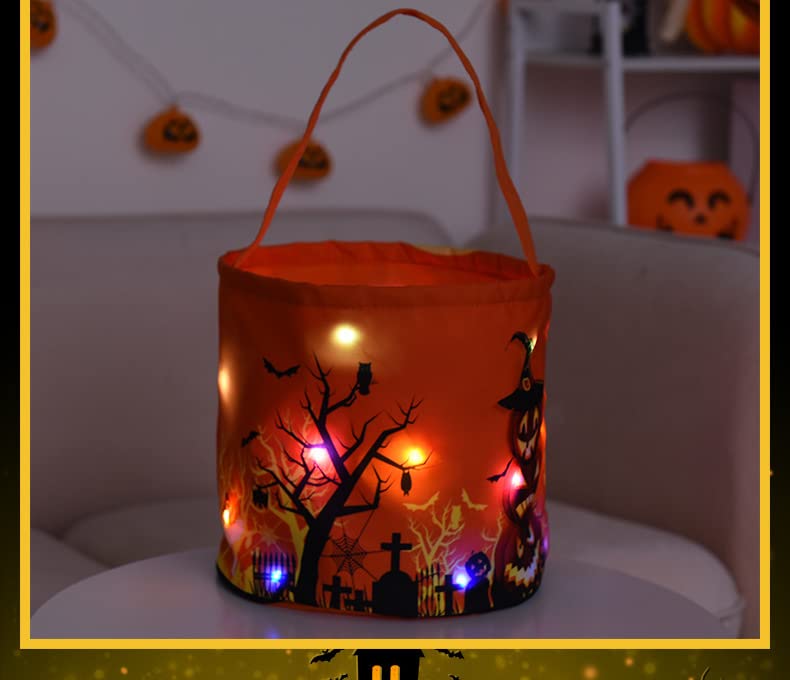Halloween Trick or Treat Bags, Halloween Tote Bags with Light, Glowing Pumpkin Candy Buckets for Kids, Reusable Halloween Goodie Bags Gifts Wrapping for Halloween Party Favor Supplies (Orange)