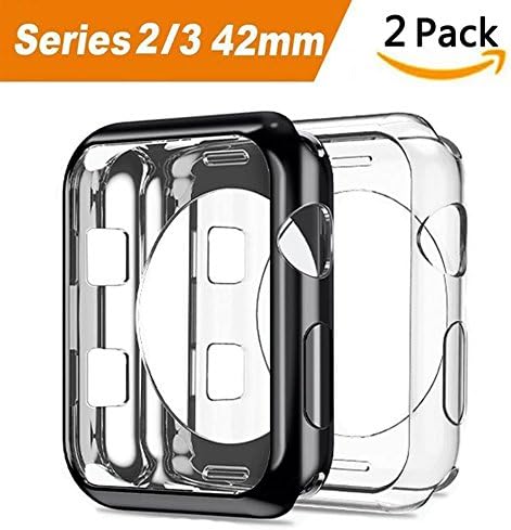 Apple Watch 3 Case, 2 Pack ARKFU iWatch 42mm Rugged Protective Slim Shock Resistant Soft TPU Case Bumper Cover Apple Watch 42mm Screen Protector Series 3 Series 2 (Black and Clear)