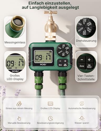 MOES Irrigation Computer, 2 Outputs with Brass Inlet, Independent Dual Zone Watering Timer for Garden & Lawn, Automatic & Manual Mode, Water Timer with Rain Delay