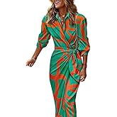 CHICME Women's Long Sleeve Midi Dress Casual Wrap Tied Detail Shirt Dresses Floral Print Fall Boho Long Dress Green-S