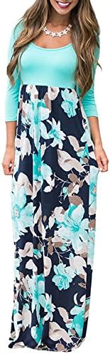 WEANIA Women's Maxi Dress Floral Printed Summer Scoop Neck Casual Dress Elastic Wrist 3/4 Sleeve Tunic Dress for Women (Green, Large)