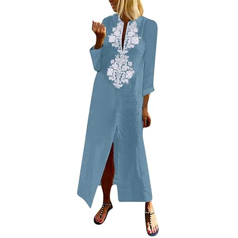 Reasoncool Damen Kleider Langarm Paisley Slit Maxikleid Baggy Cotton Leinen Kaftan Dress