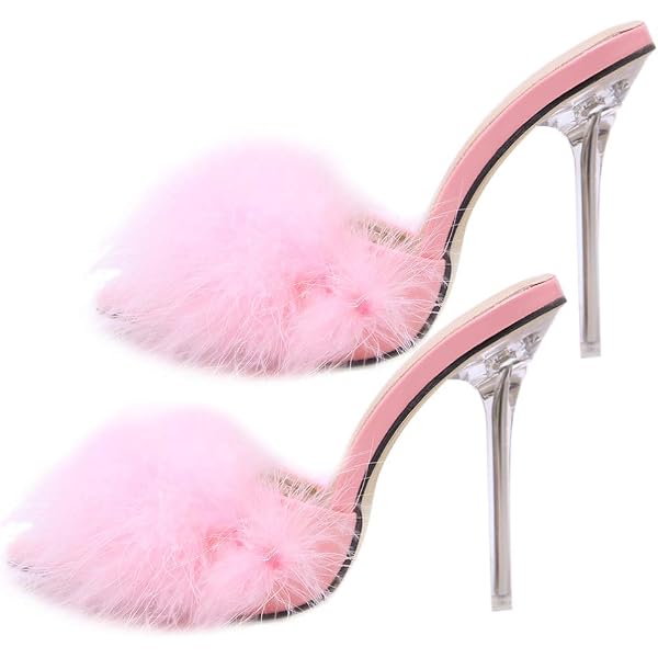 Women's Furry Feather High Heel Sandals - Rhinestone Stiletto With Tassel Ankle Strap