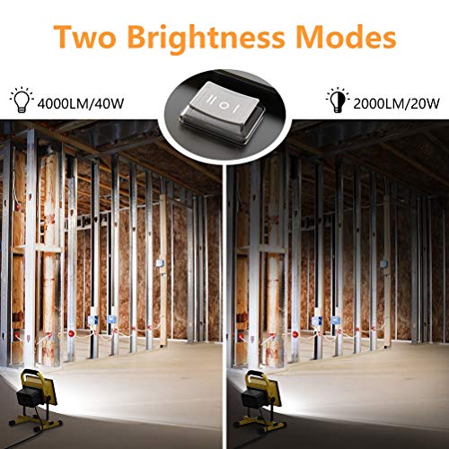 Olafus 40W LED Work Light (230W Equivalent), 4000LM, 2 Brightness Modes, 16.4ft/5M Cord with Plug, IP65 Waterproof Construction Lights with Stand for Job Site, Workshop, Garage 5000K Daylight White