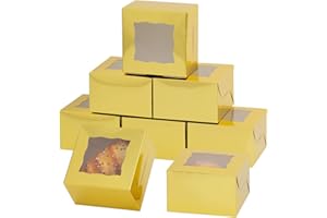 Bekoetoz 100Pcs Paper Cookie Boxes With Window - 4x4x2.5 Inch Mini Cake & Treat Boxes (Gold)