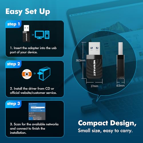 NEWFAST 1300Mbps USB3.0 WiFi Dongle for PC/Laptop 2.4/5GHz USB WiFi Adapter for pc, High Gain Wireless Dongle, MU-MIMO Wireless Adapter for Win 11/10 / 8.1/8 / 7, Mac OS X 10.9-10.15