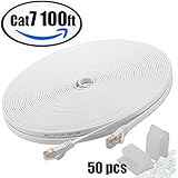 Cat7 100 Ft &amp; 50 pcs Sticky clips,Flat Internet Network Cable– XINCA Cat 7 Computer long Ethernet Cable With Snagless Rj45 Connectors &amp; 3M lan cable clips– 100 feet White (30.4 Meters)