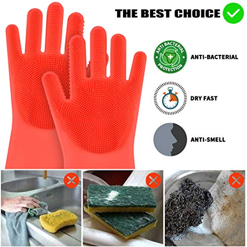 Magic Saksak Silicone Gloves, Silicone Cleaning Gloves for Kitchen Bathroom Cleaning, Pet Hair Care, Car Washing (1 Pair, Red)