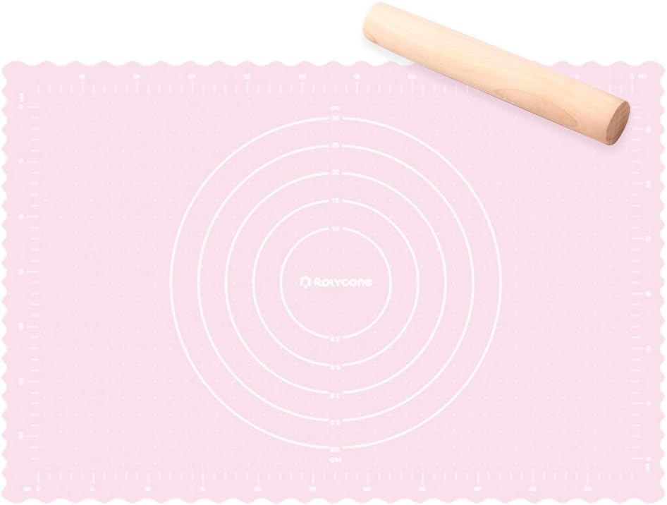 ROLICONE Silicone Pastry Mat with Measurements (22 X 14 inch), FDA Approved Reusable Non-Stick Silicone Pastry Fondant Mat, with A Non-Stick Rolling Pin for Cookie - Peach Pink