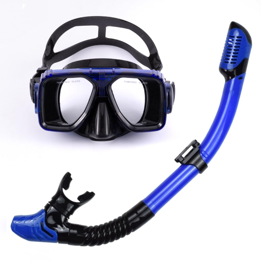 Mask & Snorkel Set – Tempered Glass Swimming Diving Goggles - Adjustable Head Strap Anti-Fog Snorkeling Package - Adult Scuba Dry Snorkel Set for Man Woman (Blue)