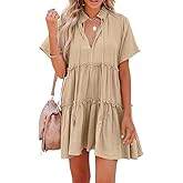 Dellytop Womens Drawstring V Neck Dress Ruffle Tiered Short Sleeve Babydoll Tunic Swing Sundresses Khaki