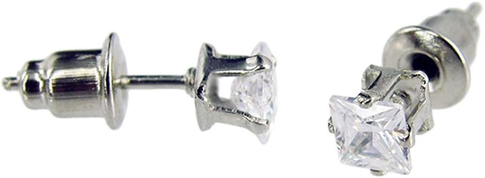 OUTLETISSIMO® UN20 Men's Earrings Silver Steel Diamond CZ Square 4 mm, Sterling Silver, Cubic Zirconia