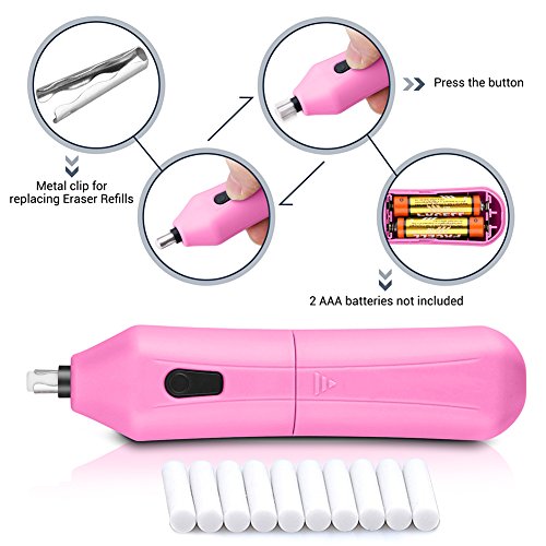 Electric Eraser Kit - XREXS Battery Operated Eraser with 10 Eraser Refills, Auto Pencil Eraser for Students, Artists 2 AAA Batteries not included (pink)