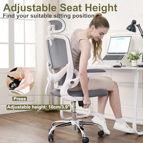 TONFARY Ergonomic Home Office Chair, High Back Mesh Desk Chair with Adjustable Lumbar Support, Flip-up Armrest, Removable Headrest, Swivel Computer Gaming Chair, Space Saving, 150KG (White+Grey)