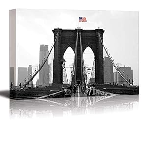 Pop of Color The USA Flag Over The Brooklyn Bridge in New York - Red Color Stands Out Against Black and White Background - Canvas Art Home Art - 12x18 inches