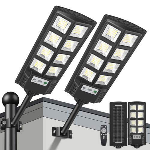 PEAKRO Farolas Solares Exteriores 2 Pack, Potente 600W Farola Solar con Sensor de Movimiento,Control Remoto, 6500K IP65 Impermeable Foco Solar Lampara LED Luz de Seguridad para Jardín, Patio, Garage
