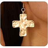 Hammering Cross Hook Earrings,Charming Plated Gold Chunky Geometric Crucifix Dangle Earrings,Trendy Large Cross Statement Earrings for Women