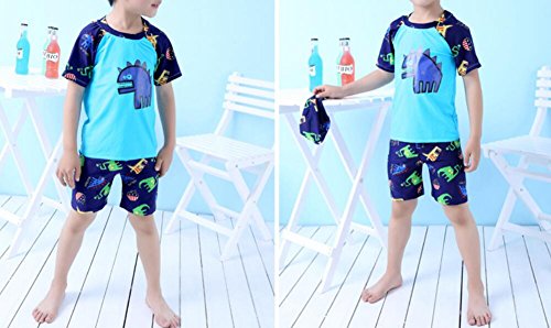 Monvecle Little Boys' 7-Pieces Short Sleeve Rash Guard Swimsuit Set with Swim Cap UPF 50+ Blue 5-6y