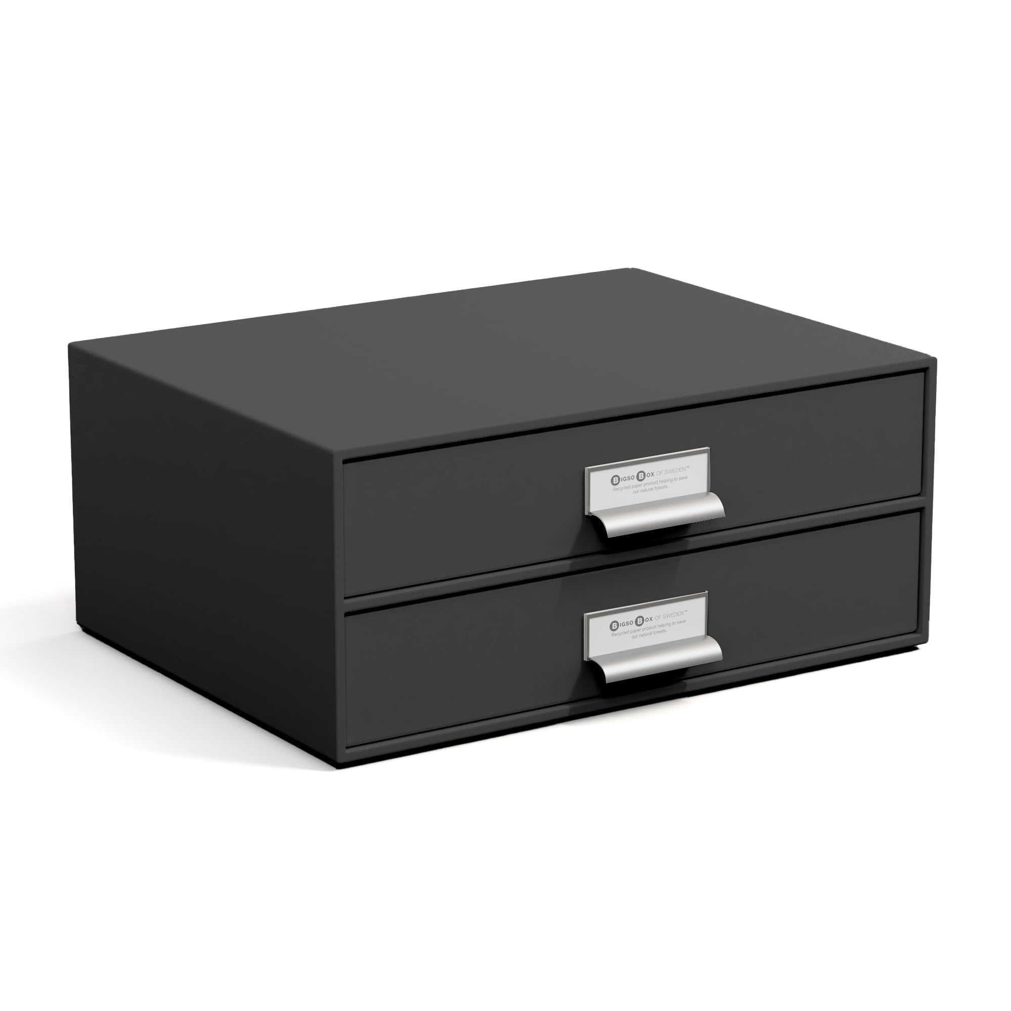 Bigso Box of Sweden Drawer Storage Box for Documents and Office Supplies - Desk Organiser with 2 Drawers - Fibreboard and Paper Filing System - Dark Grey
