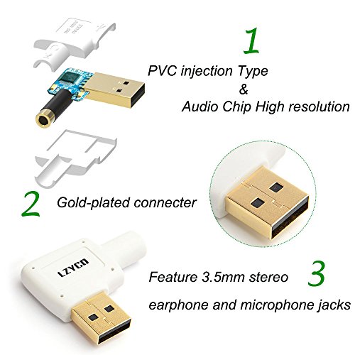 LZYCO USB External Stereo Sound Audio Adapter connector with 3.5mm Speaker/Headphone and Microphone Jacks in white color