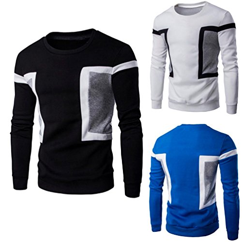 Qisc Mens Teens Crewneck Long-Sleeve T-Shirt Classic Cotton Patchwork Color Striped Top Tee (Black B, M)