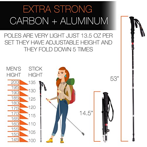 Carbon Fiber & Aluminum Trekking Poles. Adjustable Ultralight Folding Walking Sticks w/EVA Foam Handles, Built-in Thermometer & Compass.BLACK HORSE (Carbon Fiber & Aluminum)
