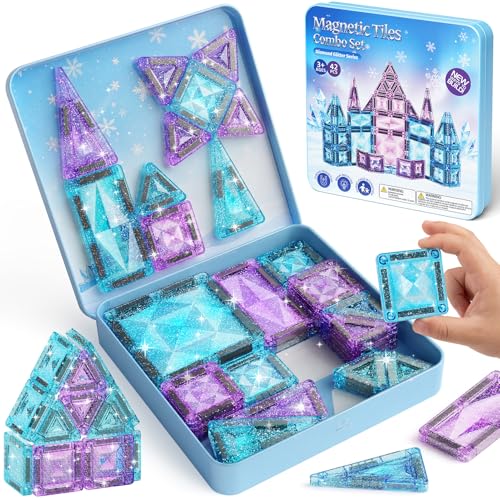 burgkidz Magnetic Building Blocks Travel Toy for Girls, 42 Pieces Ice Princess Magnetic Tiles in Metal Box - 60 Minutes Quiet 30s Tidy Up - Car Train Plane Gift 3 4 5 6 7 8 Years