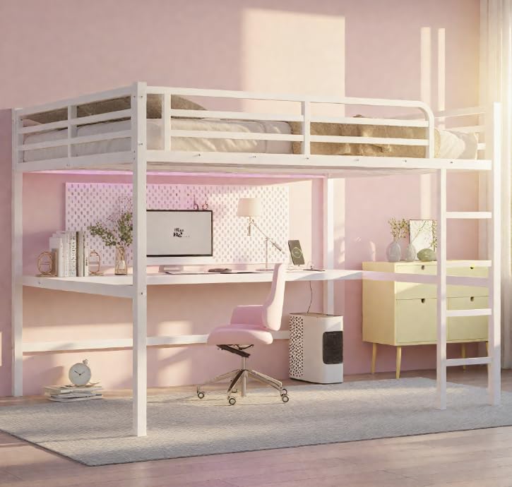 Photo 1 of ***FINAL SALE*** Bellemave Loft Bed Queen Size with Desk, Queen Size Metal Loft Bed Frame, Queen loft Bed for Adults, Kids, Teens, White with Desk