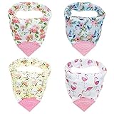 Honey Molly Baby Bandana Bibs for Teething and Drooling - 4 Pack Soft Drool Bibs for Boys and Girls - BPA-FREE Food Grade Silicone Teether, Adjustable Nickel-Free Snaps - 100% Organic Cotton