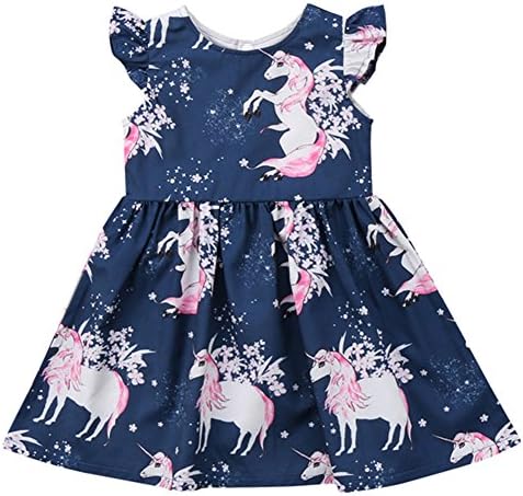 Jobakids Girls Summer Unicon Sleeveless Cotton Cute Print Casual Dress(Pink Unicorn 4T)