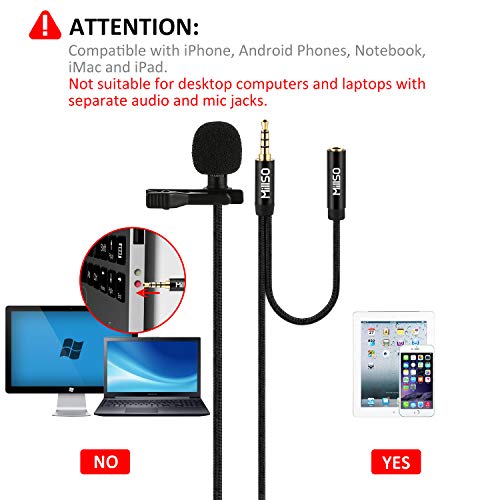 MillSO W12 Lavalier Lapel Microphone with Headphone jack Omnidirectional Smartphone Lav Mic for Recording, Interview, Podcast, Youtube, Video Conference, Cell phone, laptop, Tablet, Camera - 4ft