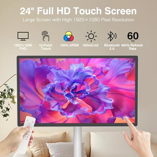 24 Inch Rolling Smart TV with 1080P Touch Screen | Android 13 OS | MTK 8-core CPU | 6G+128G Storage | Built-in 13MP Camera | Remote Voice Control | Full Rotation Portable TV on Wheels