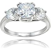 Hoops & Loops Sterling Silver Cubic Zirconia Cushion Cut Three-Stone Royal Engagement Wedding Ring