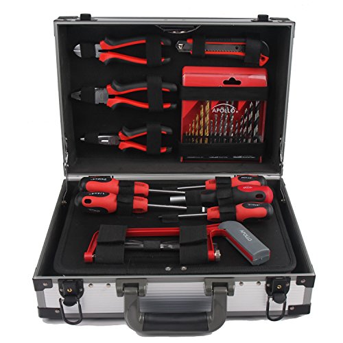 Apollo Tools DT4935 91 Piece High-Grade Chrome Vanadium Cr-v Steel General Tool Set with Sockets, Wrenches, Pliers, Hammer, Most-Reached for Repair Tools, in a Strong Aluminum Storage Case