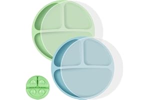 Vicloon Toddler Dishware Plate, 2 Pcs Silicone Plate with Divided Compartments, Suction Plates for Babies & Toddlers, BPA Free, Microwave & Dishwasher Safe, Includes Lids