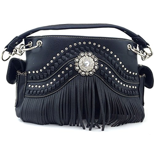 Justin West Western Tooled Rhinestone Concho Weaved Leather Fringe