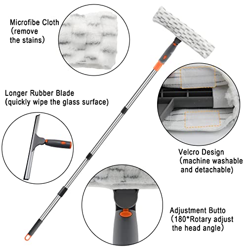 BITOPE Squeegee for Window Cleaning , Rotatable Cleaner Tool with Long Handle Extension Pole，11”Microfiber Scrubber and 12”Wide Squeegee Cleaner Kit for Car，Shower Glass Door，High Windows