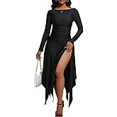 Mojessy Women Sexy Bodycon Maxi Dress Boat Neck Long Sleeve Ruched Waist High Split Long Dress Birthday Outfits
