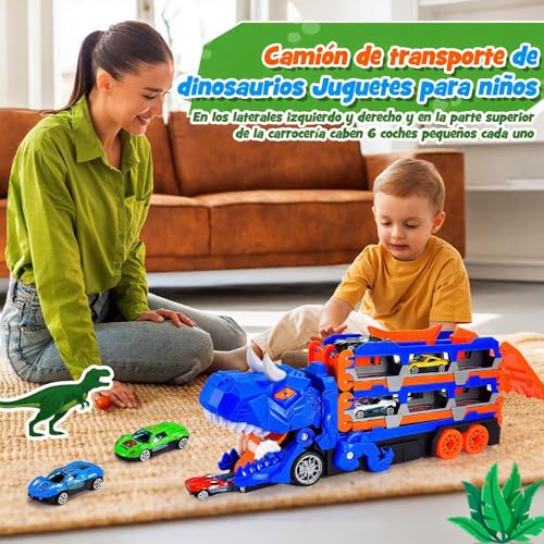 NEOROSVIKA Dinosaurios de Juguetes, Camión de Juguete de Dinosaurios con 12 Coches, Carritos Juguetes para Niño, Pista Doble Plegable, Regalo para Niños y Niñas (Azul)