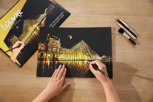 Scratch & Sketch Art Paper for Adults & Kids, Scratch Paper Rainbow Painting Sketch Pads DIY Art Craft Night View Scratchboard with Clean Brush,Scratch Coloring Pen,16 X 11.2 Inches (Louvre) - Thumbnail 2