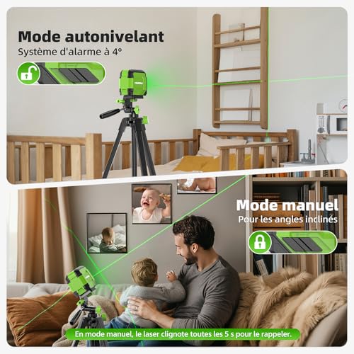 Niveau Laser Auto-nivelant avec 152cm Trépied, Huepar 30M Vert Croisée Laser à Ligne pour Accrochage de Tableaux, Rénovation de Maison, Projet d'Intérieur, Batterie et Sac de Transport