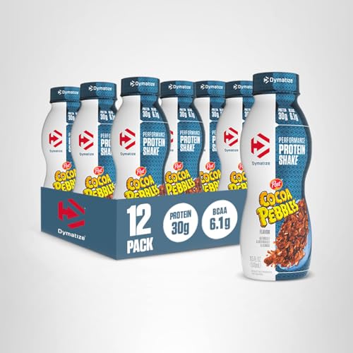 DYMATIZE PERFORMANCE PROTEIN SHAKE, COCOA PEBBLES, 30G PROTEIN, 6.1G BCAA FOR MUSCLE RECOVERY, NO ADDED SUGAR, LOW FAT, 24 VITAMINS AND MINERALS, GLUTEN-FREE, READY TO DRINK, ON-THE-GO SNACK, 11.5FL OZ, 12 PACK