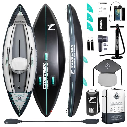 TIDETREK Inflatable Touring Kayak 1-Person & 2-Person with Waterproof Seat & Full Accessory Kit, Lightweight Recreational Kayak for Lake, River & Fishing