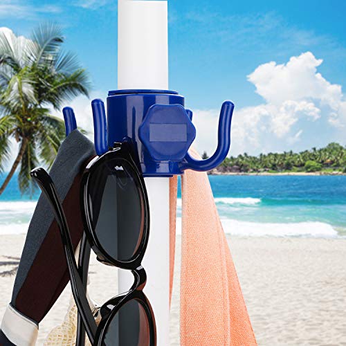 TAGVO 2 Pack Beach Umbrella Hanging Hook, 4-prongs Plastic Umbrella Hook Hanging for Towels/Hats/Clothes/Camera/Sunglasses/Bags-Durable, Fit for Beach,Camping Trips (Blue- 2 Pack)