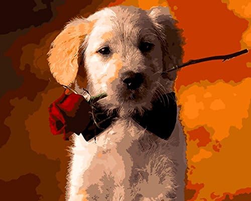 Oil Painting by Number Kits, DIY oil Paint by Number on Canvas Red Roses Dog (16x20inch, Unframe)