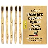 Natural Bamboo Charcoal Toothbrush for Adults W/BPA Free Nylon Bristles, Individually Numbered Pack of 5, Organic & Compostable Toothbrushes, Plastic Free Packaging