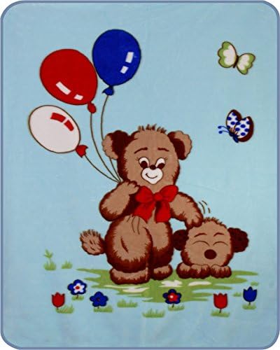 Adorable Faux Fur Baby Boys Teddy Bear &amp; Puppy Blue Crib Throw Blanket - 43" x 55"